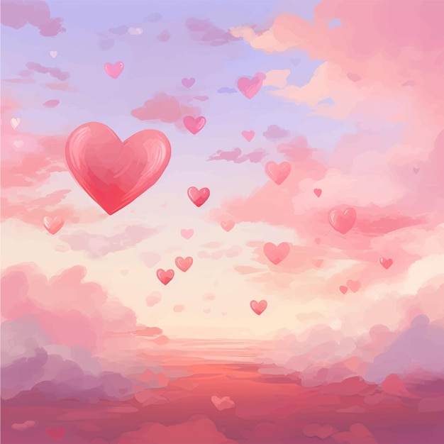 Watercolor pink and red sky with heart balloons in Valentines day background