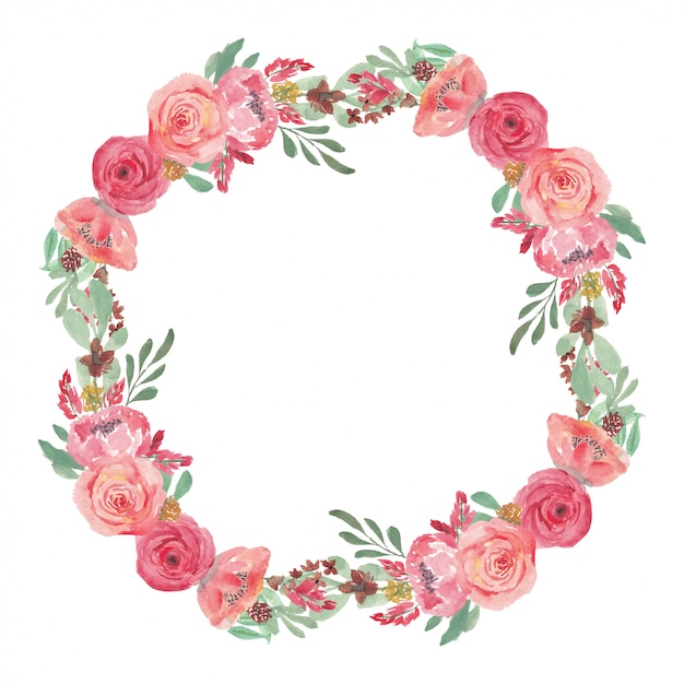 Watercolor pink rose flower wreath decoration