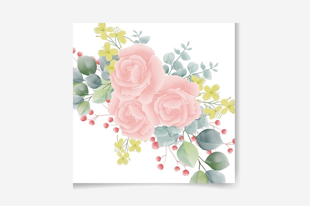 Watercolor pink rose with green leaves isolated on white