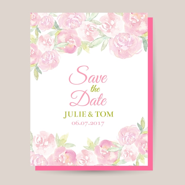 Watercolor pink roses wedding card