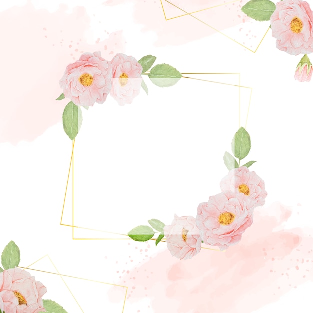 Watercolor pink roses with golden frame square background