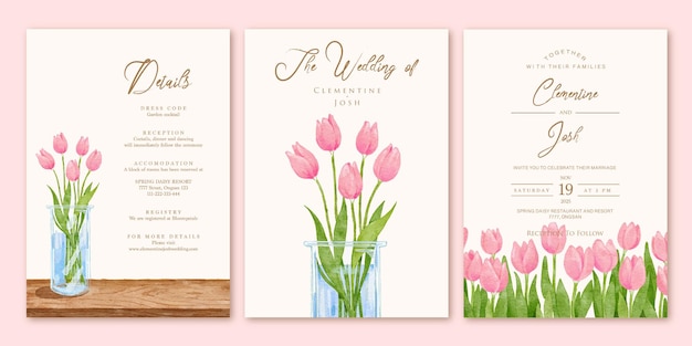 Vector watercolor pink tulip flowers vase set wedding invitation template