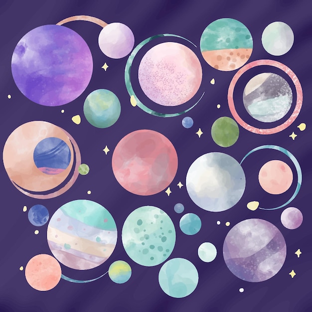 Watercolor planets in space vector