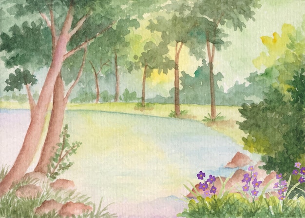 Watercolor pond view landscape spring background