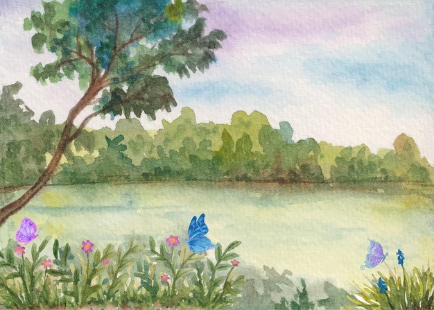 Watercolor pond view landscape spring background