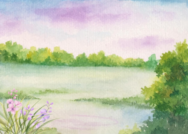 Watercolor pond view landscape spring background