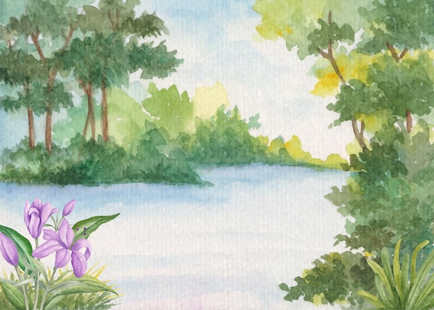 Watercolor pond view landscape spring background