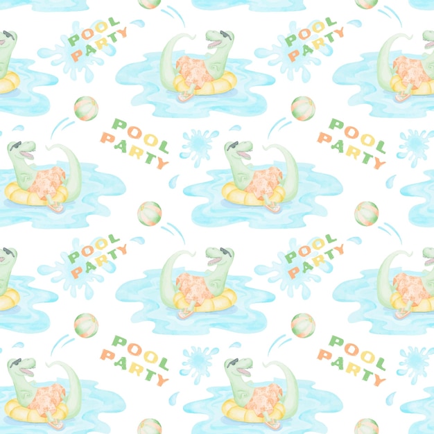 Watercolor pool party background Dinosaur in pool wallpaper