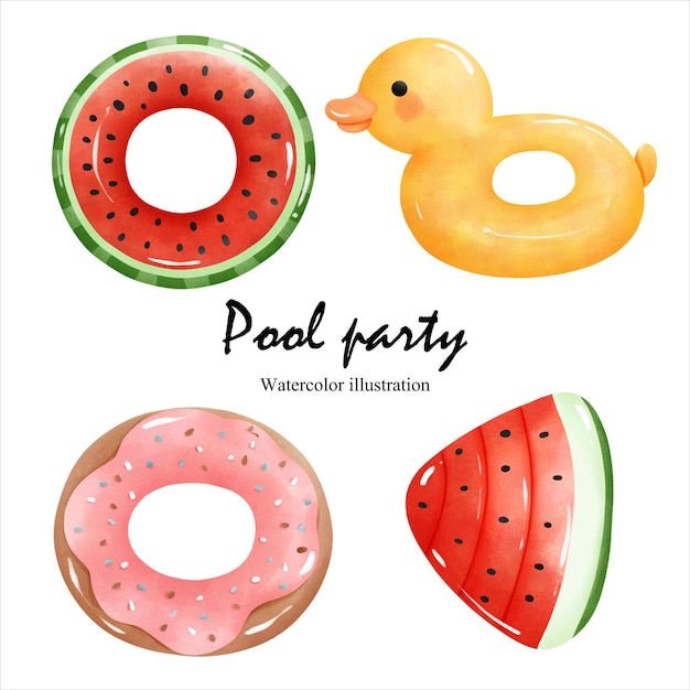 Watercolor pool party with inflatable vector illustration