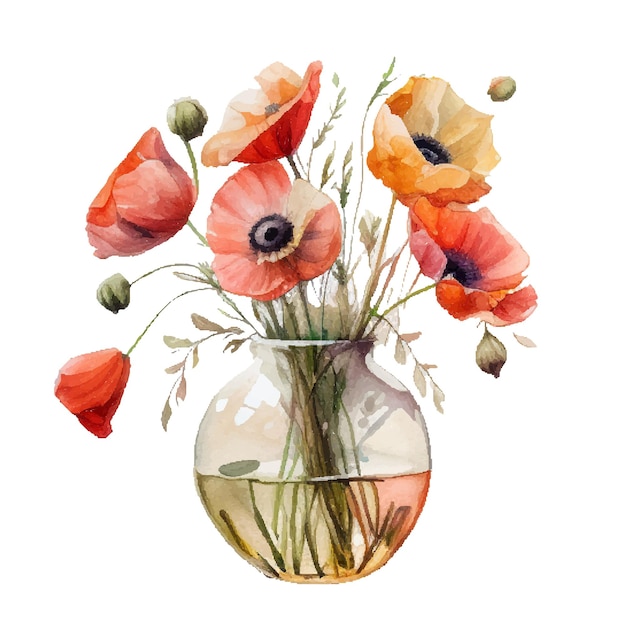 Watercolor poppy flowers in vase isolated on white background