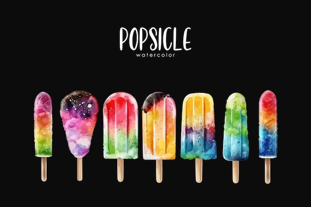 watercolor popsicle illustration set on isolated black background