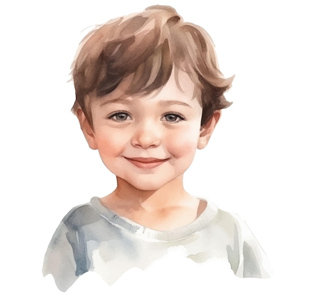 Watercolor portrait of a boy with brown hair.