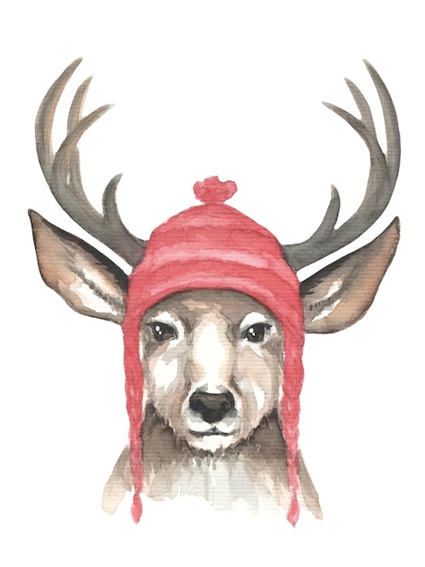 watercolor portrait of a deer in a hat