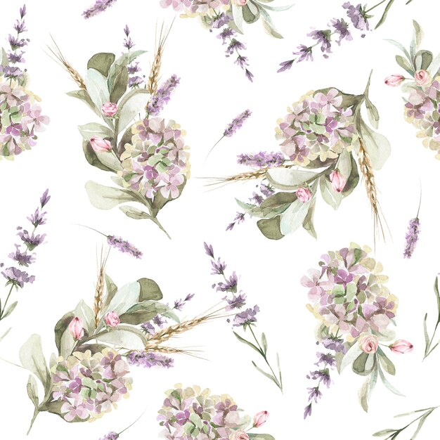 Vector watercolor provence floral pattern of lilac flowers of lavanders roses and foliage