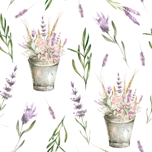 Vector watercolor provence floral pattern with bucket of lilac flowers of lavanders and foliage romantic