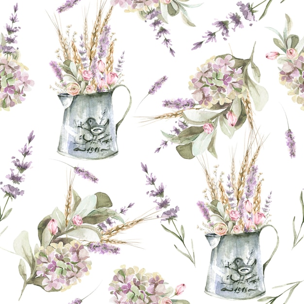 watercolor provence floral pattern with jug of lilac flowers of lavanders roses and foliage