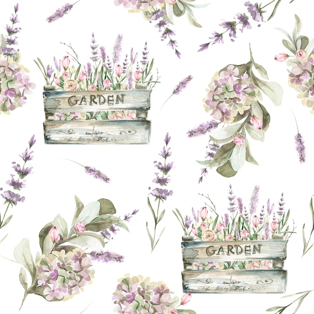 watercolor provence floral pattern with wooden box of lilac flowers of lavanders and foliage