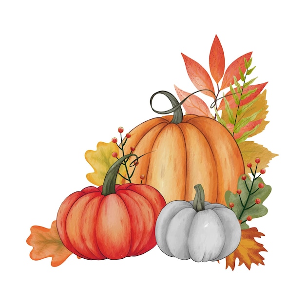 Watercolor pumpkin composition leaves pumpkin. Clip art autumn design elements.