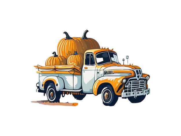 Watercolor Pumpkin Truck Autumn Harvest ThanksgivingFall Pick Up CarWith field on a country farm