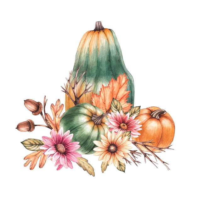 Watercolor pumpkin with flowers and dry leaves on a white background