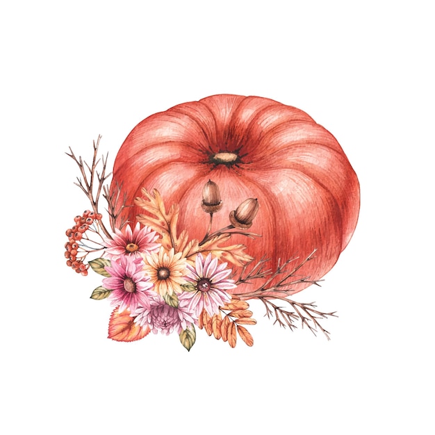 Watercolor pumpkin with flowers and dry leaves on a white background