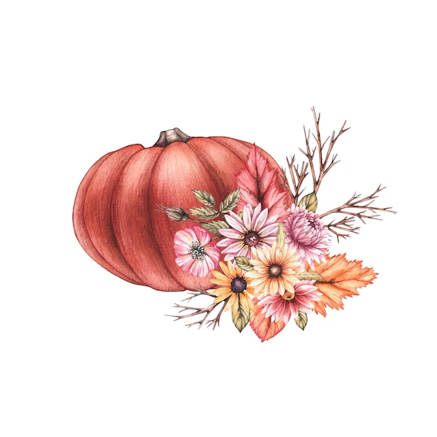 Watercolor pumpkin with flowers and dry leaves on a white background