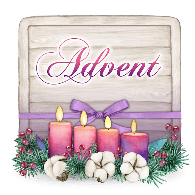 Watercolor purple advent candles in a snowy background