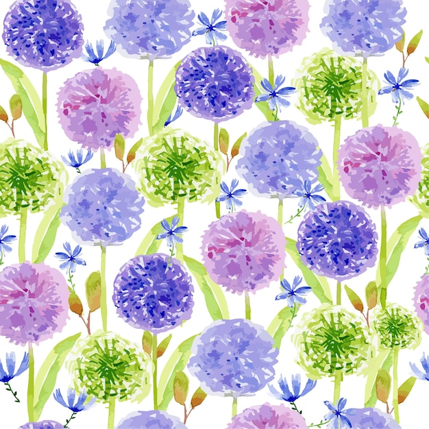 Watercolor Purple Allium Flower Seamless Pattern