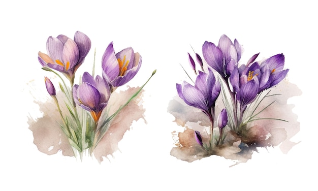 Watercolor Purple Crocus flowers on white backdrop Isolated