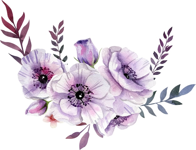 Watercolor purple floral composition  in boho style