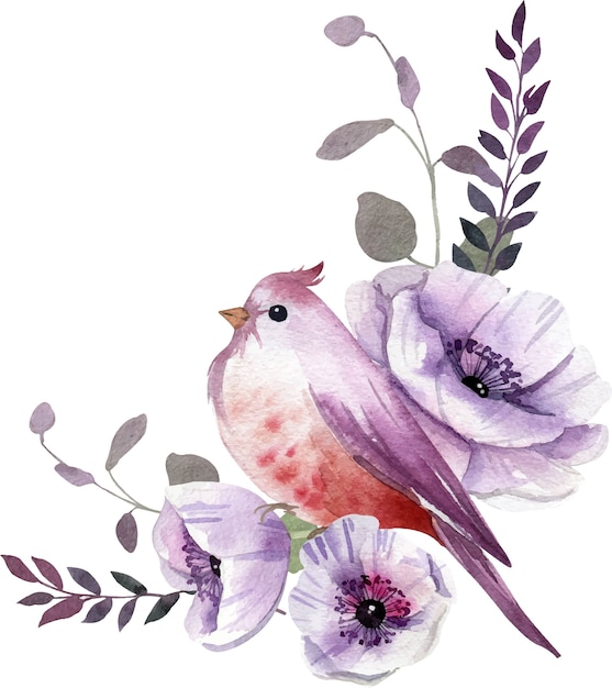 Watercolor purple floral composition with bird  in boho style