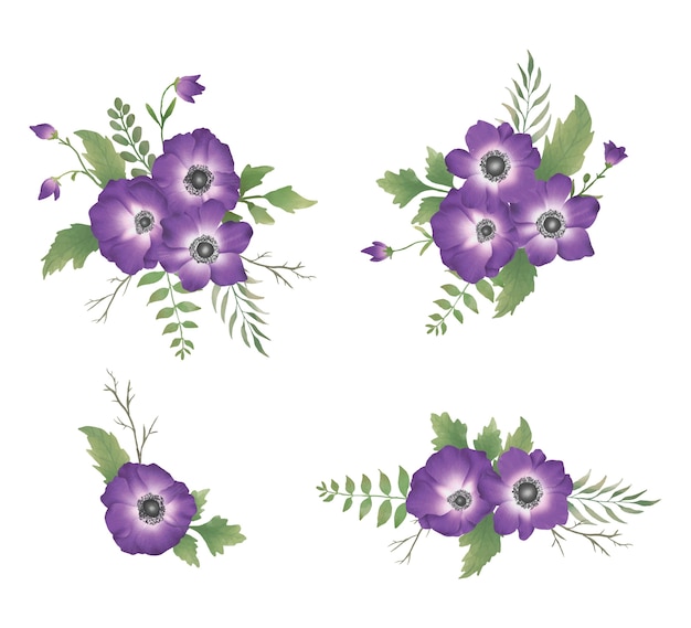 watercolor purple flower bouquet set