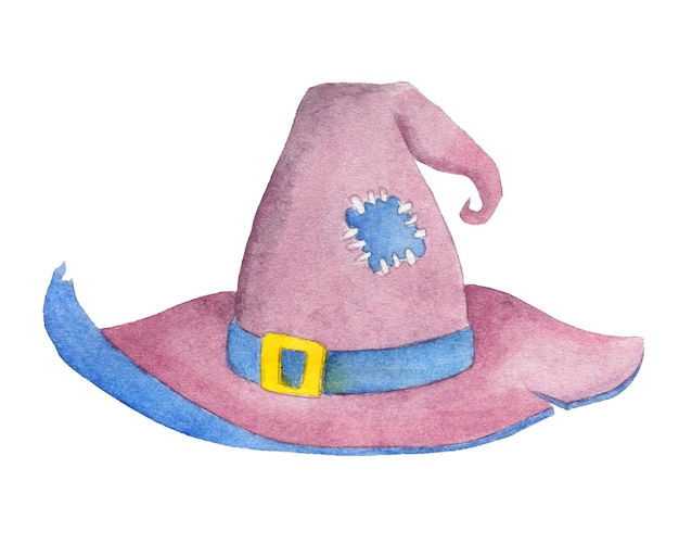 Watercolor purple witch hat with halloween patch