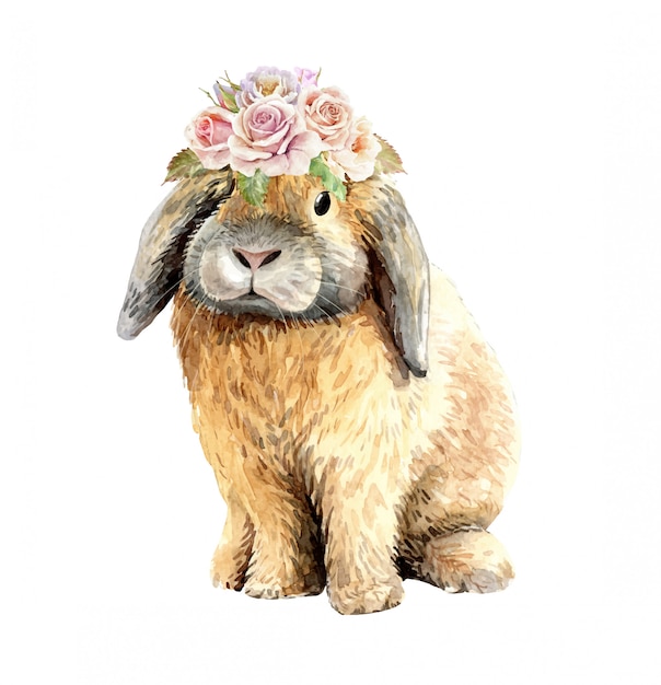 Watercolor rabbit with flower bouquet crown