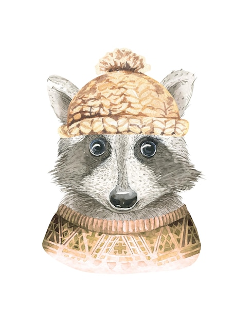 Vector watercolor raccoon with knitted hat and scarf forest animal illustration