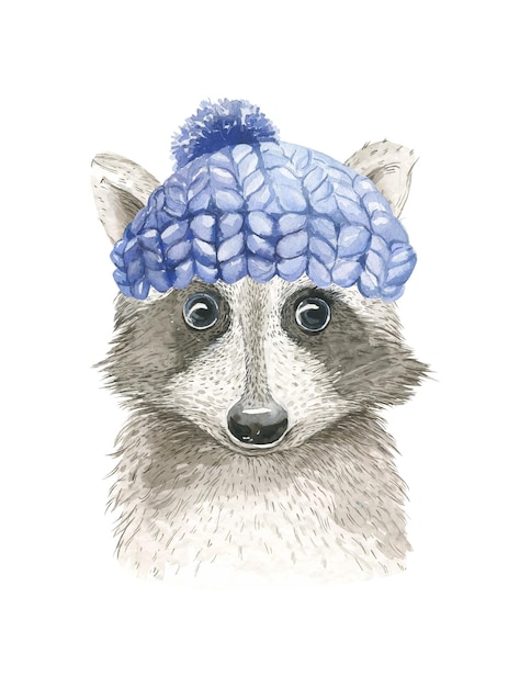 Watercolor Raccoon with knitted Hat and Scarf Forest Animal illustration