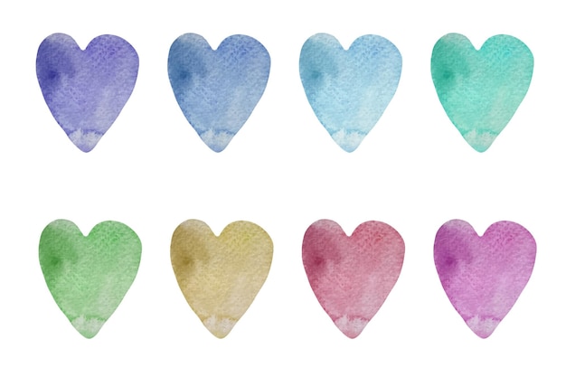 Watercolor rainbow colors hearts set