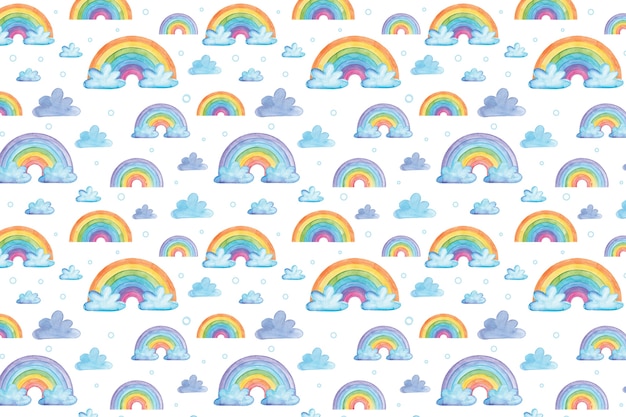 Watercolor rainbows and clouds pattern