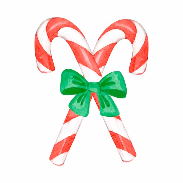 Watercolor red candy canes with bow. Christmas and winter holidays concept