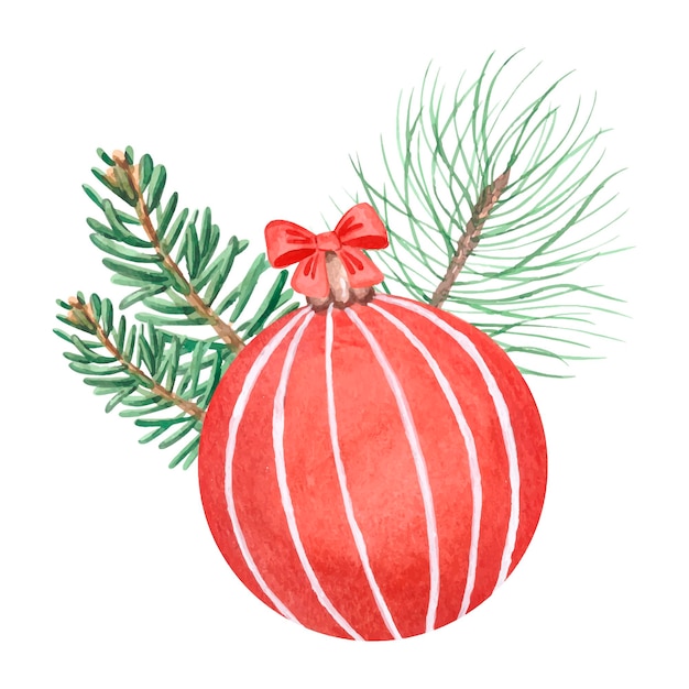 Watercolor red Christmas ball composition with bow, berries and fir branches on white background.