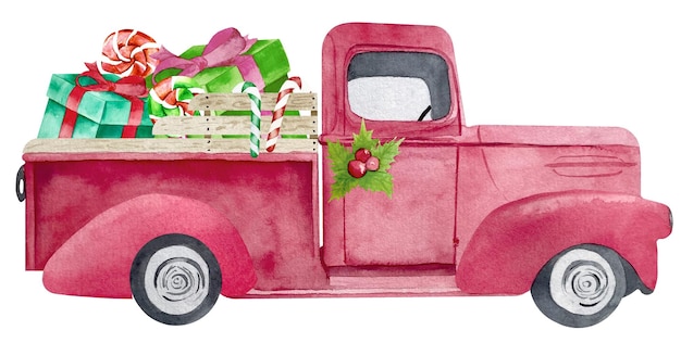 Vector watercolor red christmas truck with pine tree and gift boxes