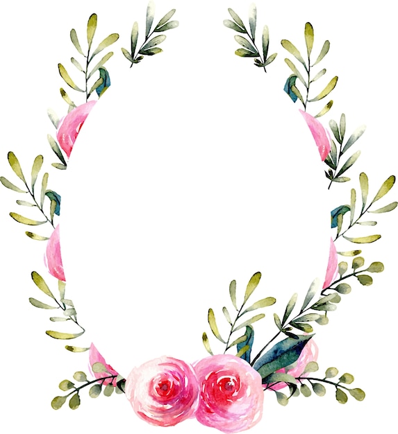 Watercolor red rose and green branches oval frame