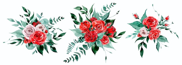 Watercolor red roses bouquets