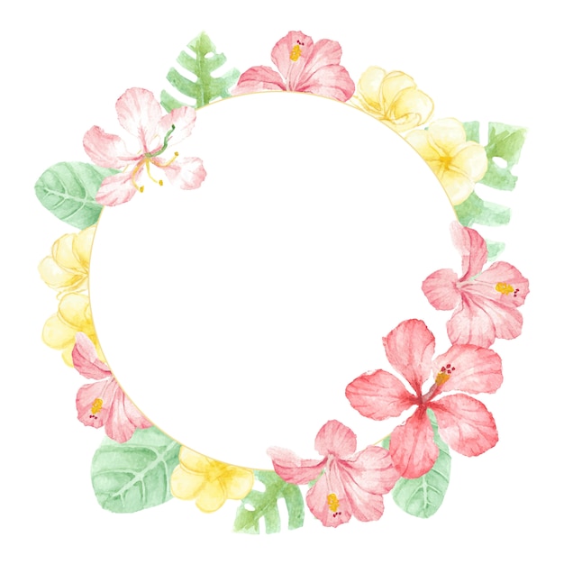 Watercolor red summer tropical flower hibiscus and plumeria wreath frame