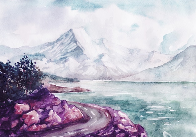 Watercolor river and mountains nature landscape