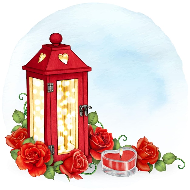 Watercolor romantic corner with roses and lanterns