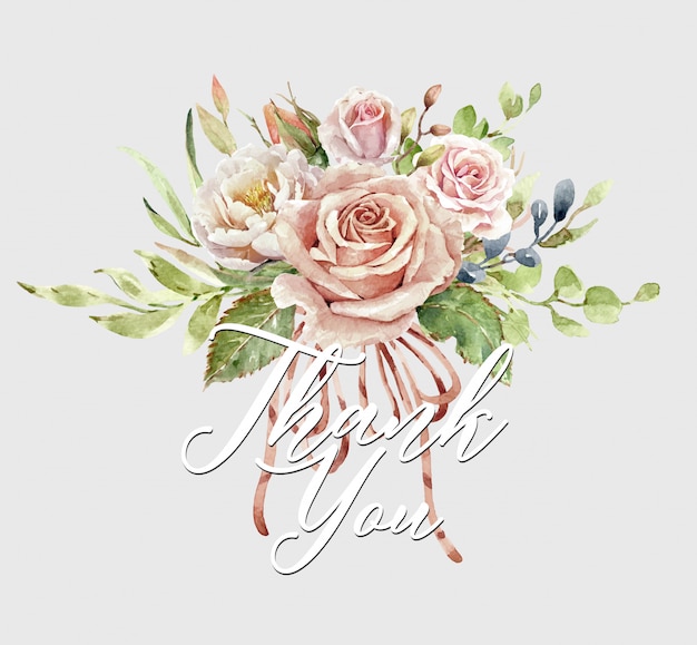 Watercolor rose bouquet and Thank you card