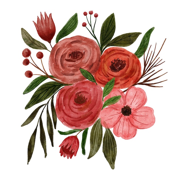 Watercolor rose floral bouquet in red terracotta color