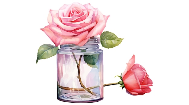 Watercolor rose flowers in a glass jar Beautiful painting flowers of rose in a jar