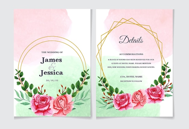 Watercolor rose wedding invitation set with floral frame